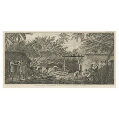 Ancienne estampe du capitaine Cook Witnessing a Human Sacrifice, dans un Morai, Tahiti, 1803