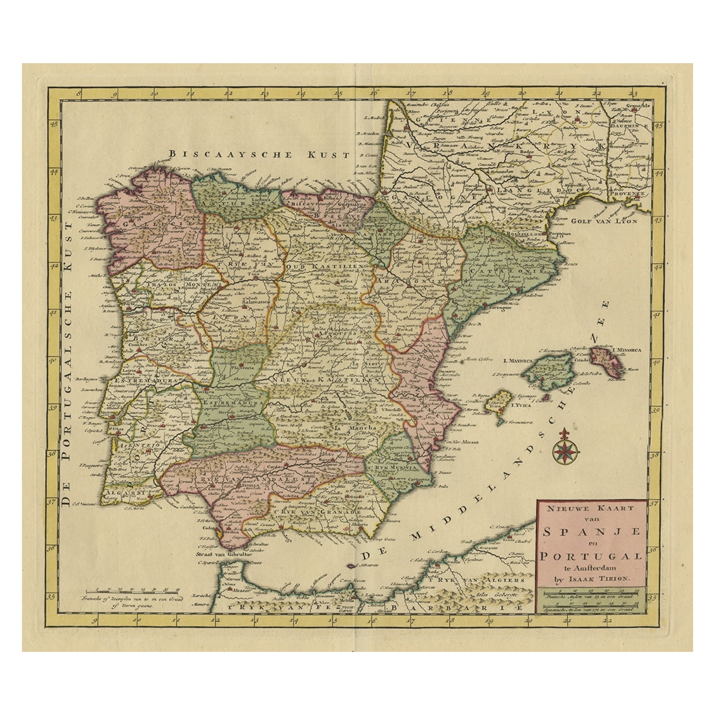 Mapa antiguo detallado de España y Portugal, incluidas Mallorca, Menorca e Ibiza, 1740