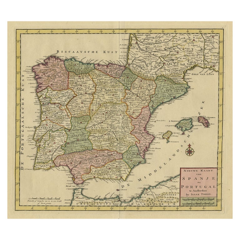 Detailed Old Map showing Spain and Portugal Incl. Majorca, Minorca & Ibiza, 1740 For Sale