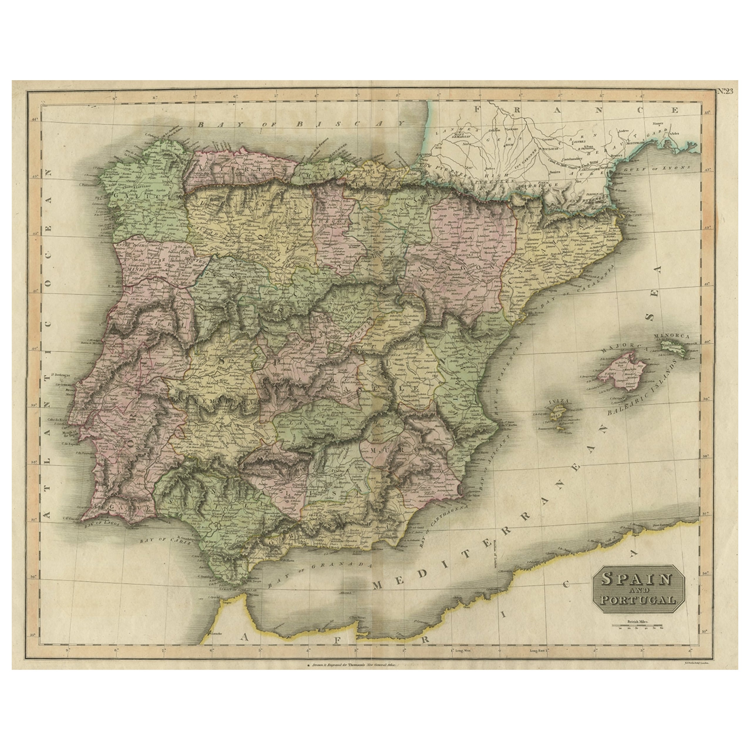 Antique Colourful Antique Map of Spain and Portugal, 1815 For Sale