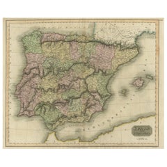 Antique Colourful Antique Map of Spain and Portugal, 1815