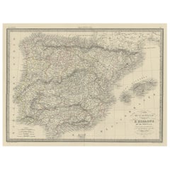 Antique Decorative Map of Portugal and Spain, 1842