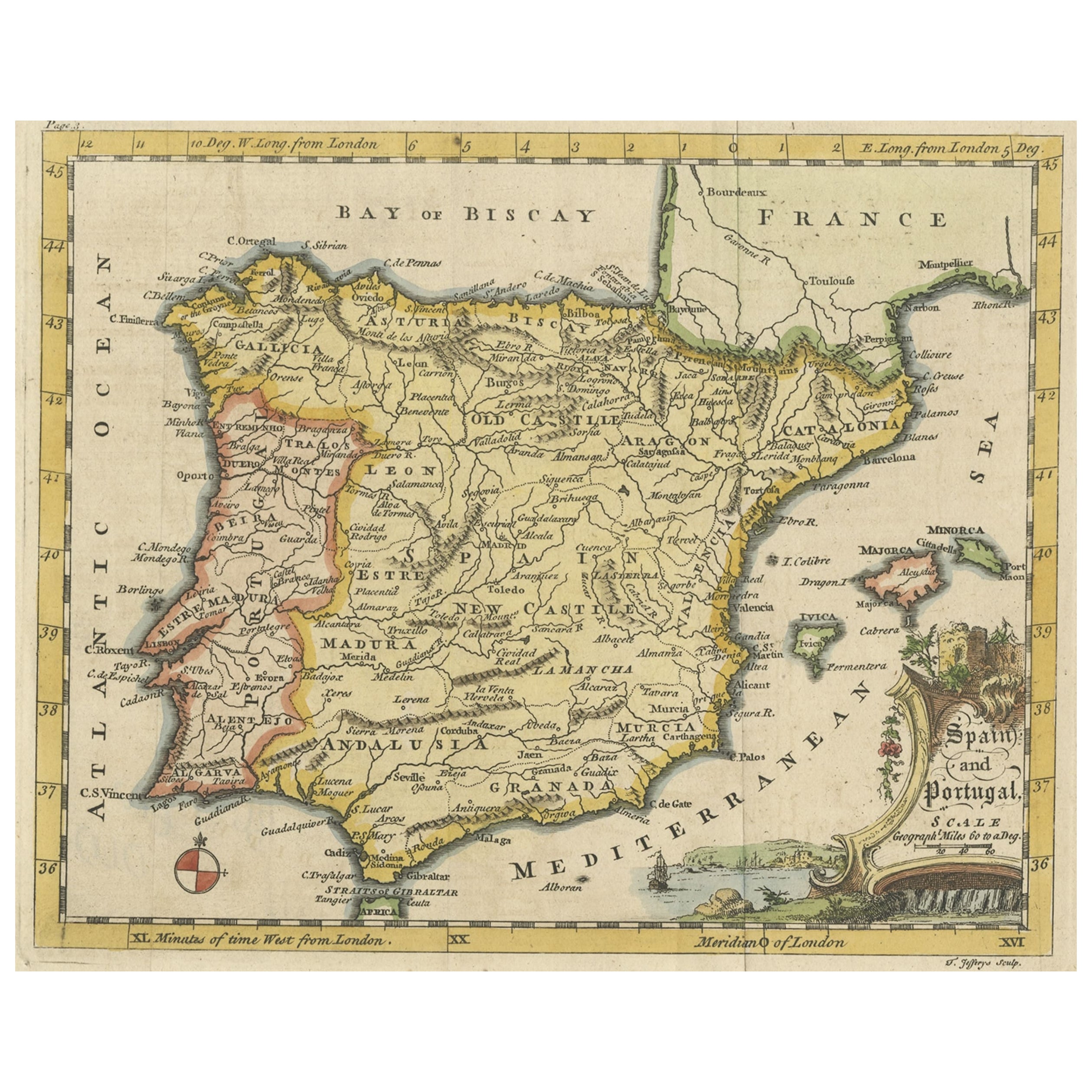 Antique Map of Spain & Portugal 'Iberian Peninsula', Decorative Cartouche, c1755 For Sale