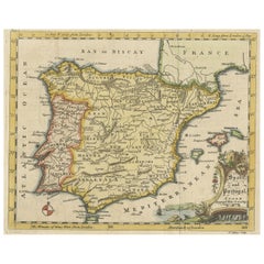 Carte ancienne d'Espagne et du Portugal de la « péninsule ibérique », cartouche décorative, vers 1755