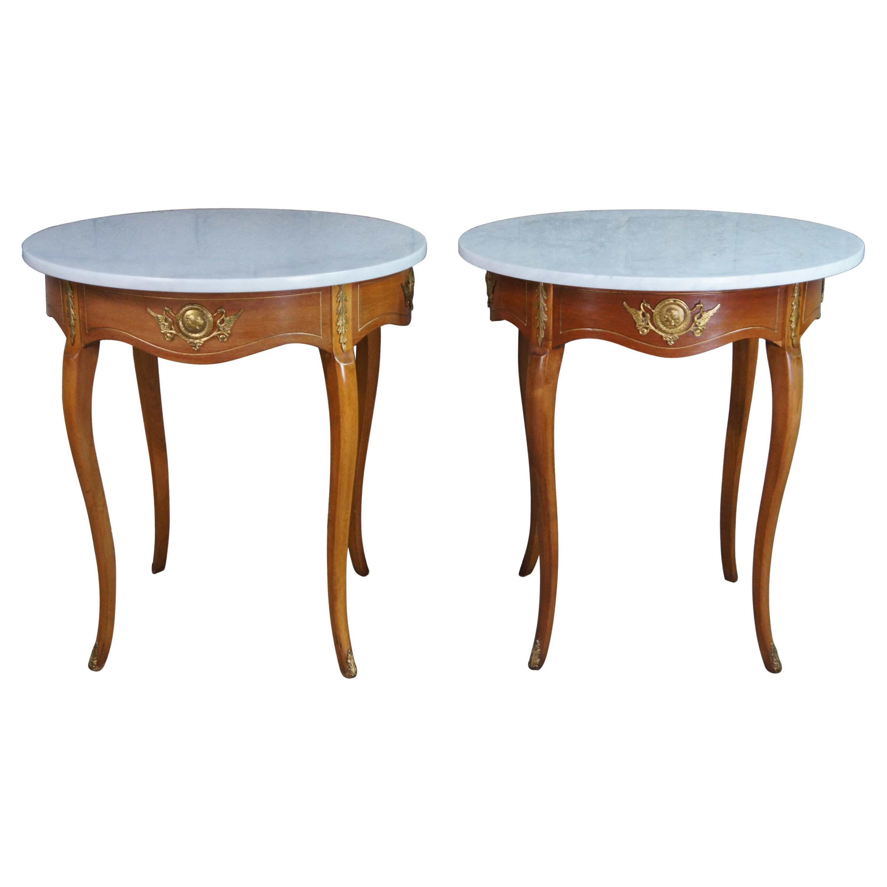 2 Anciennes tables d'appoint italiennes néoclassiques rondes en marbre et bois fruitier Gueridon
