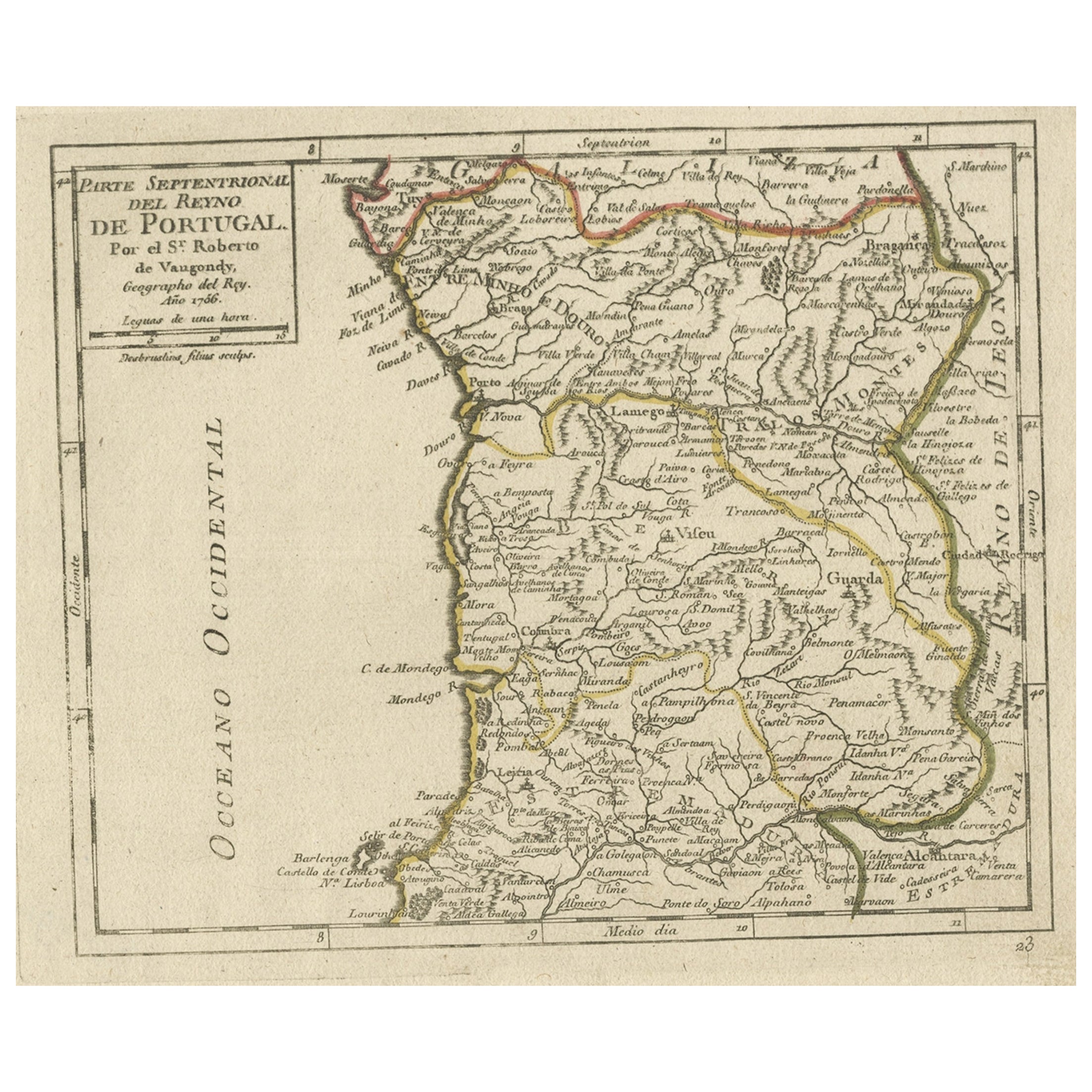 Carte ancienne colorée à la main du nord du Portugal, 1756