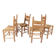 4 French Ladder Back Oak Rush Seat Dining Chairs