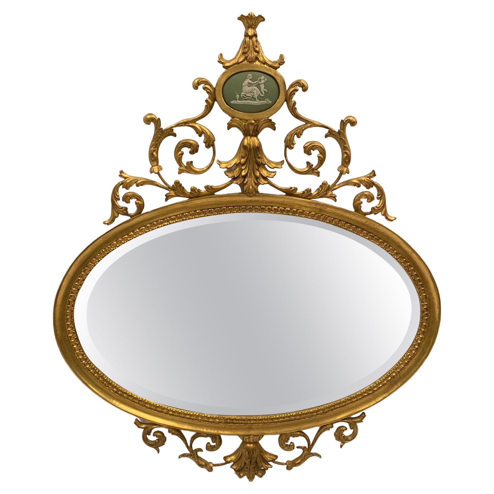 Ovaler Spiegel aus vergoldetem Holz mit Keilholzkamee, Romantische Schnitzerei der Romantik