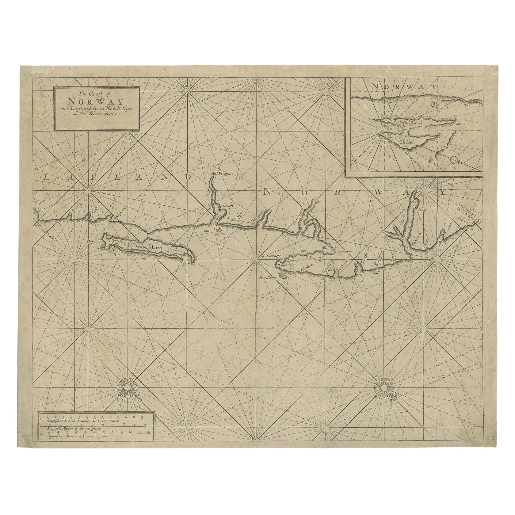 Old Sea Chart of Northern Norway, also depicting Part of Lapland & Russia, 1702 For Sale