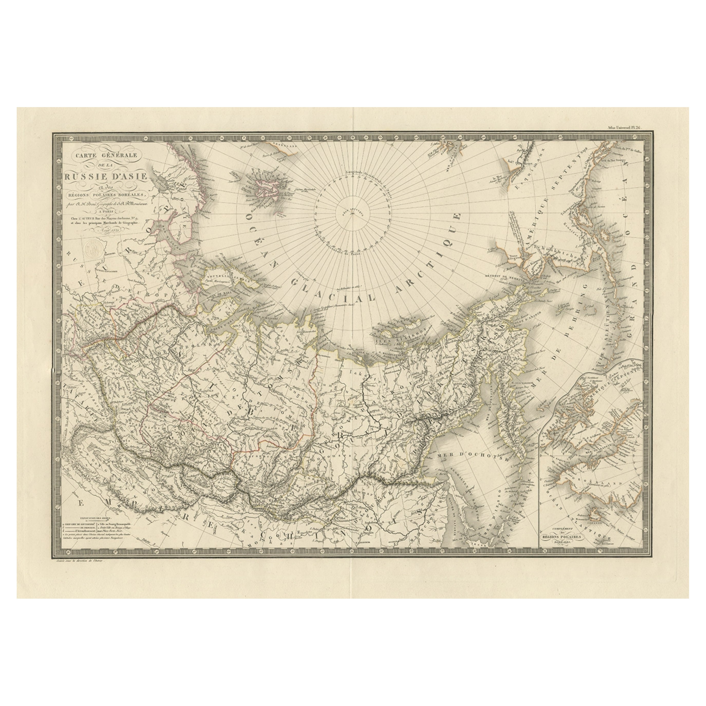 Large Original Antique Map of Russia and the Arctic Ocean, 1821