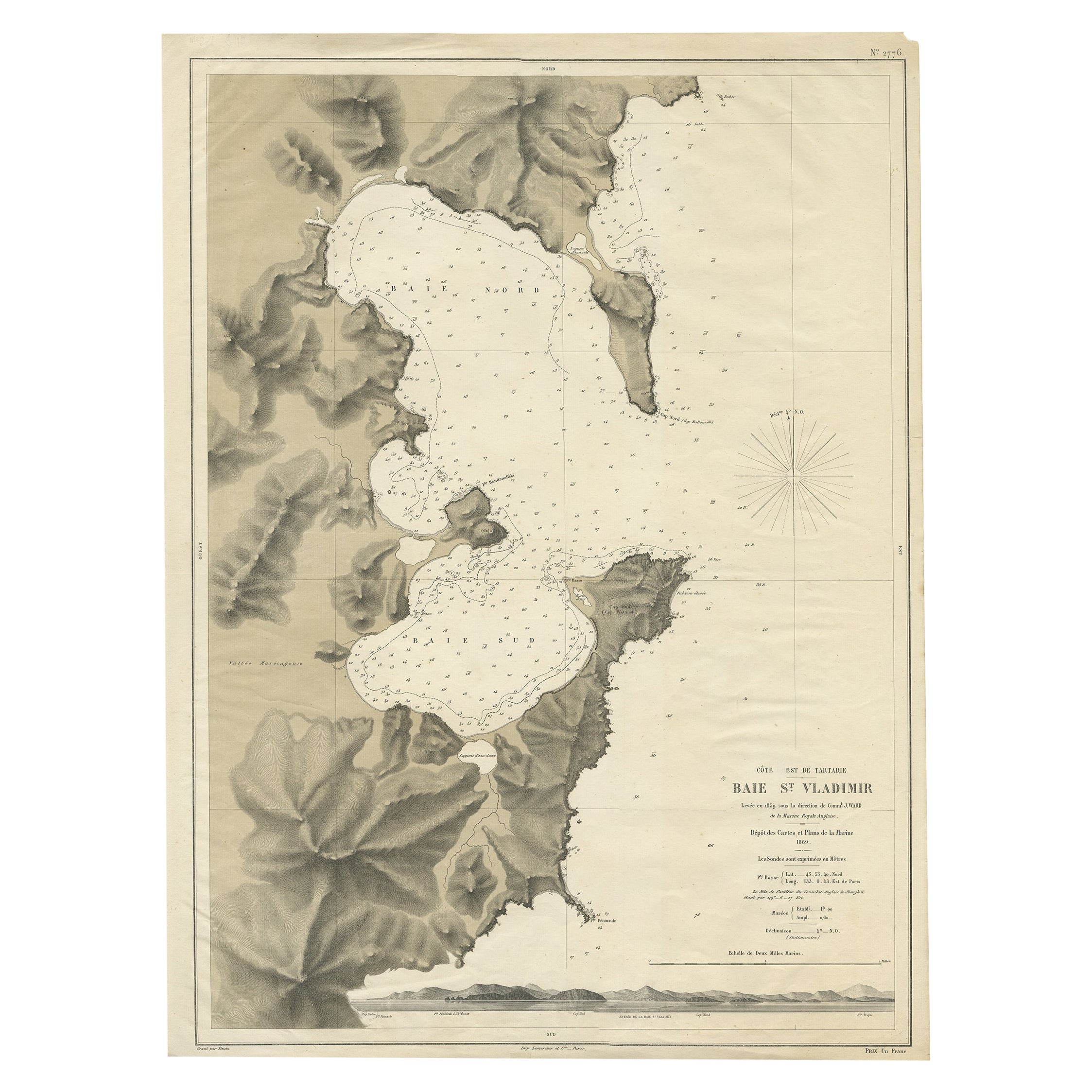 Rare Map of the Bay of St. Vladimir 'Russia' Showing the Route of J. Ward, 1869 For Sale