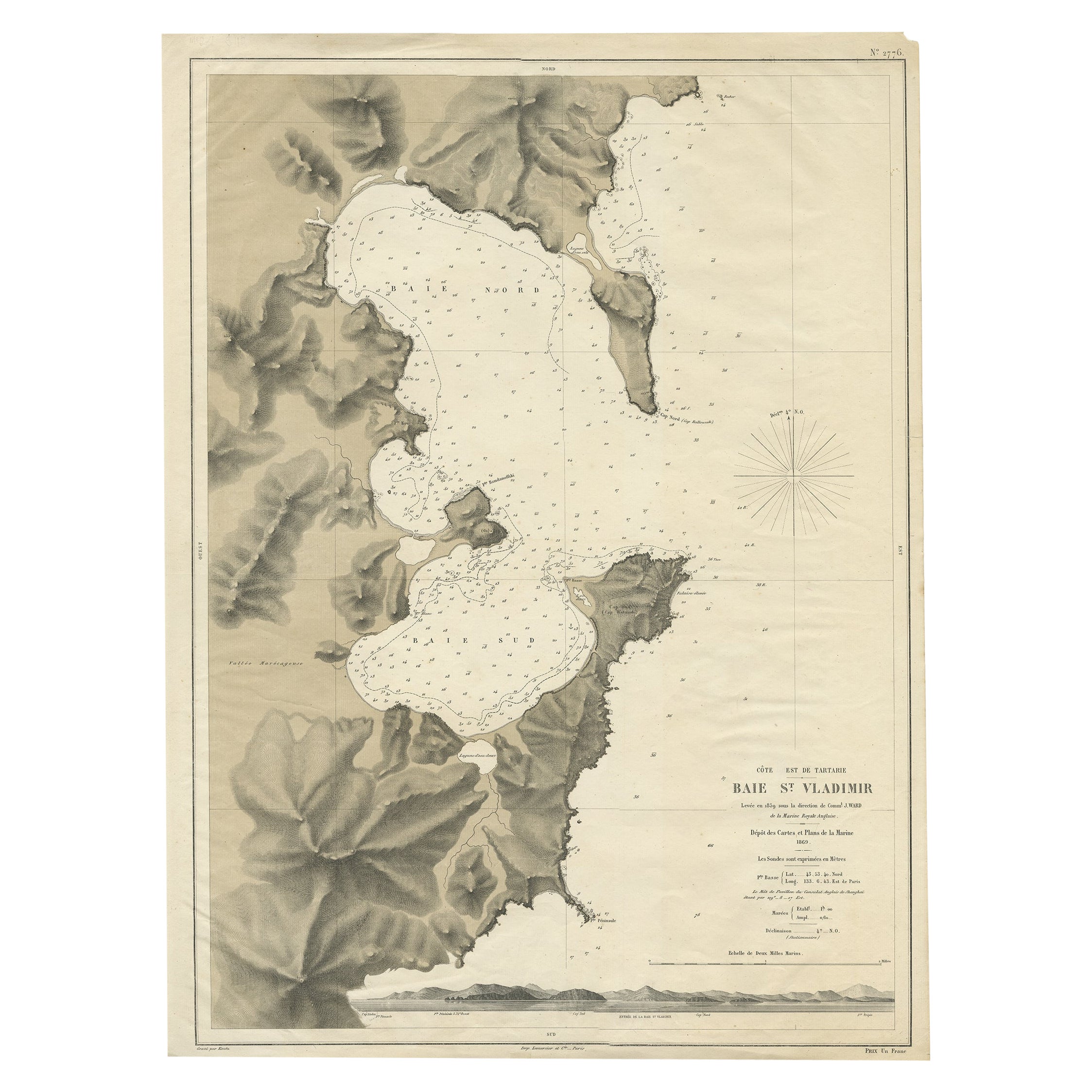 Rare Map of the Bay of St. Vladimir 'Russia' Showing the Route of J. Ward, 1869