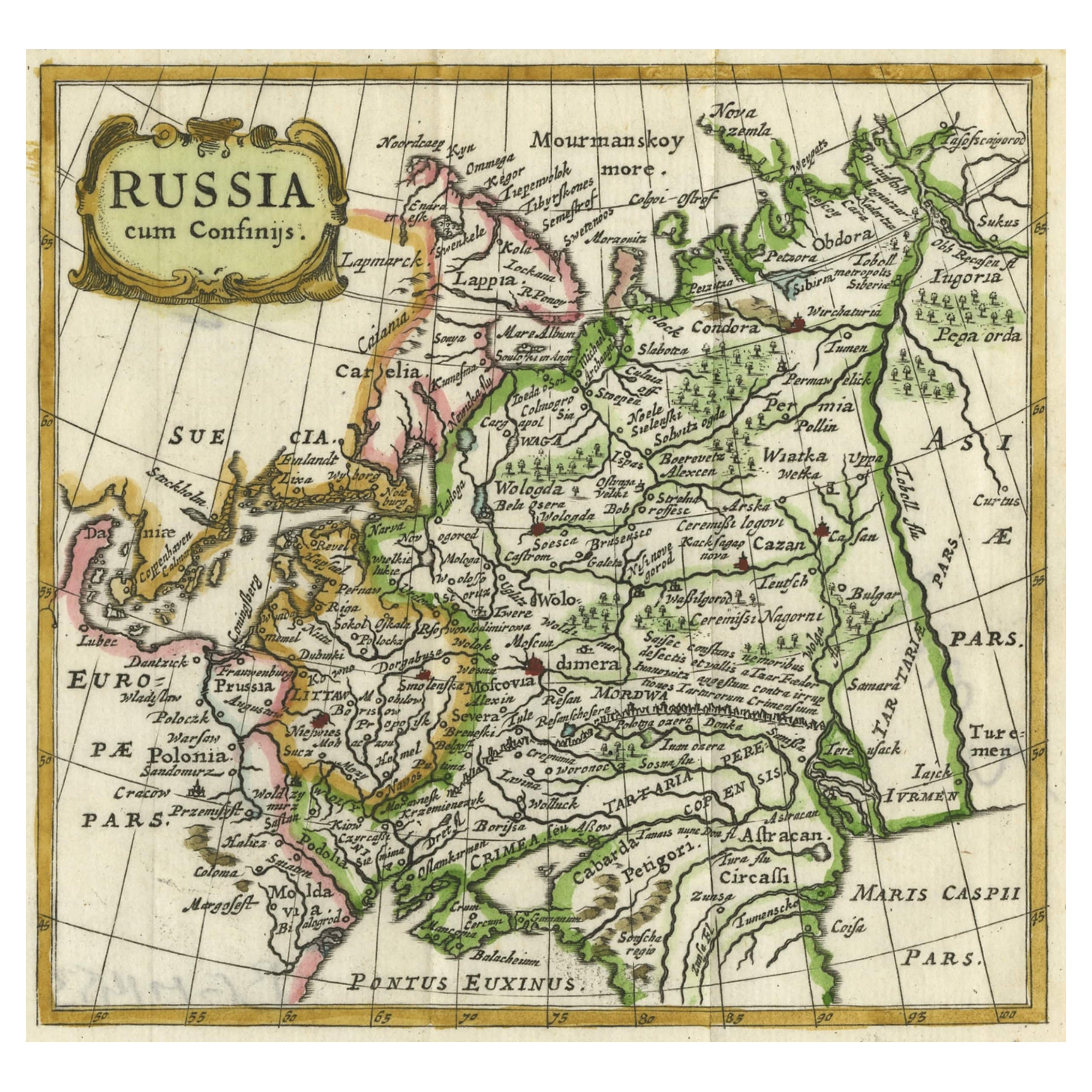 Charming Decorative Miniature Map of Russia, from an Old Pocket Atlas, 1685