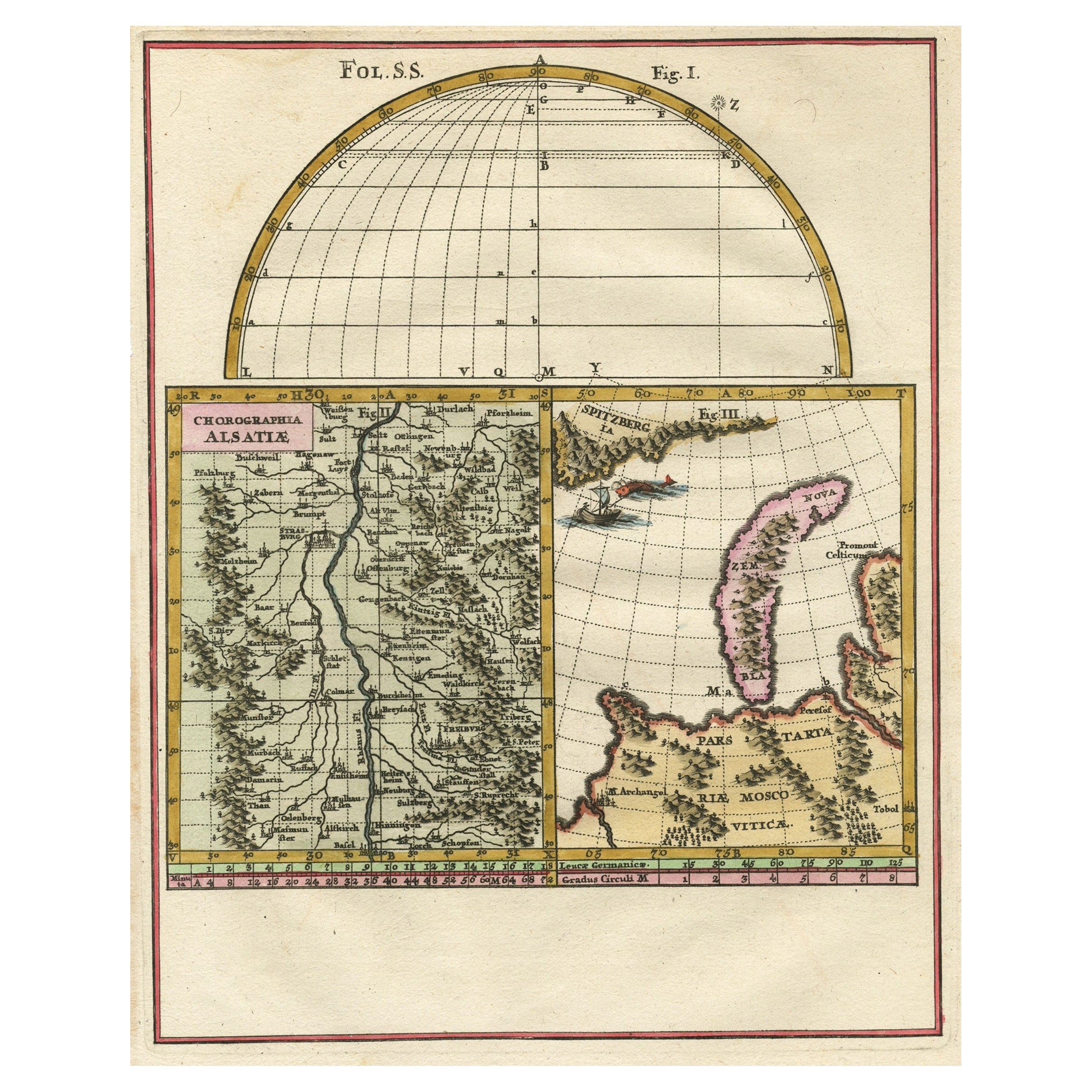 Remarkable Map of the Alsace Region and Nova Zembla, Russia, ca.1700 For Sale