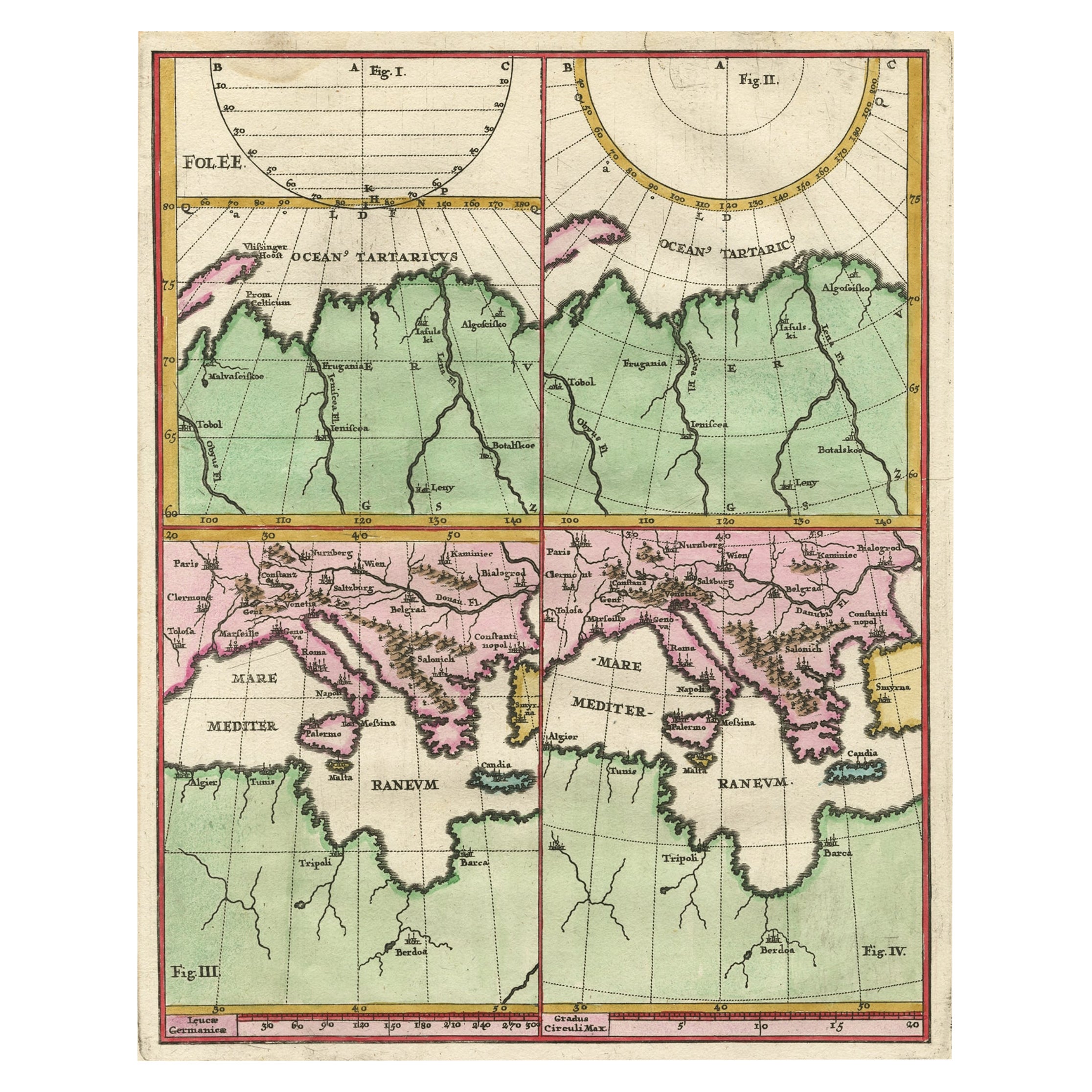 Curieuse carte de la mer de Laptev (océan Arctique) et de la Méditerranée, vers 1700
