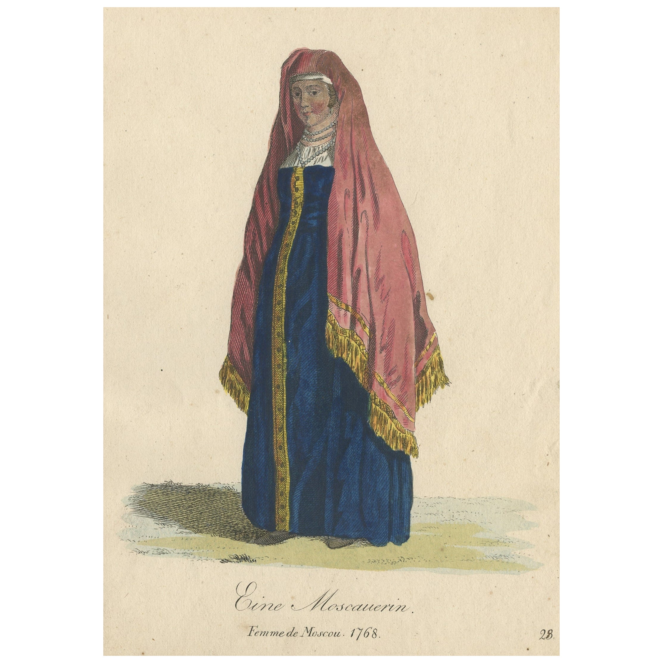 Original Old Hand-Colored Engraving of a Lady from Moscow, Russia, 1805 For Sale