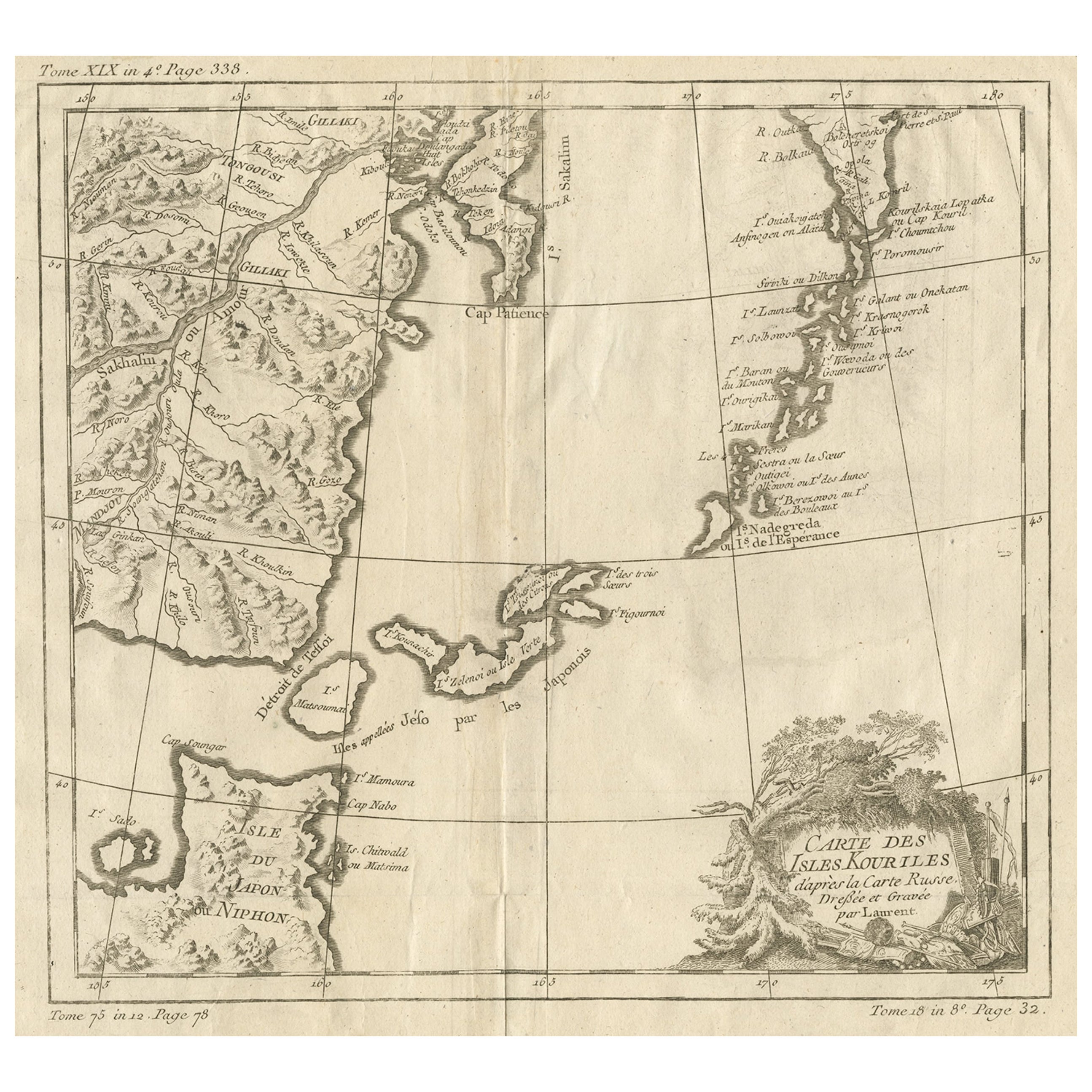 Old Map of The Kurile Islands, from Hokkaido, Japan to Kamchatka, Russia, c.1750 For Sale