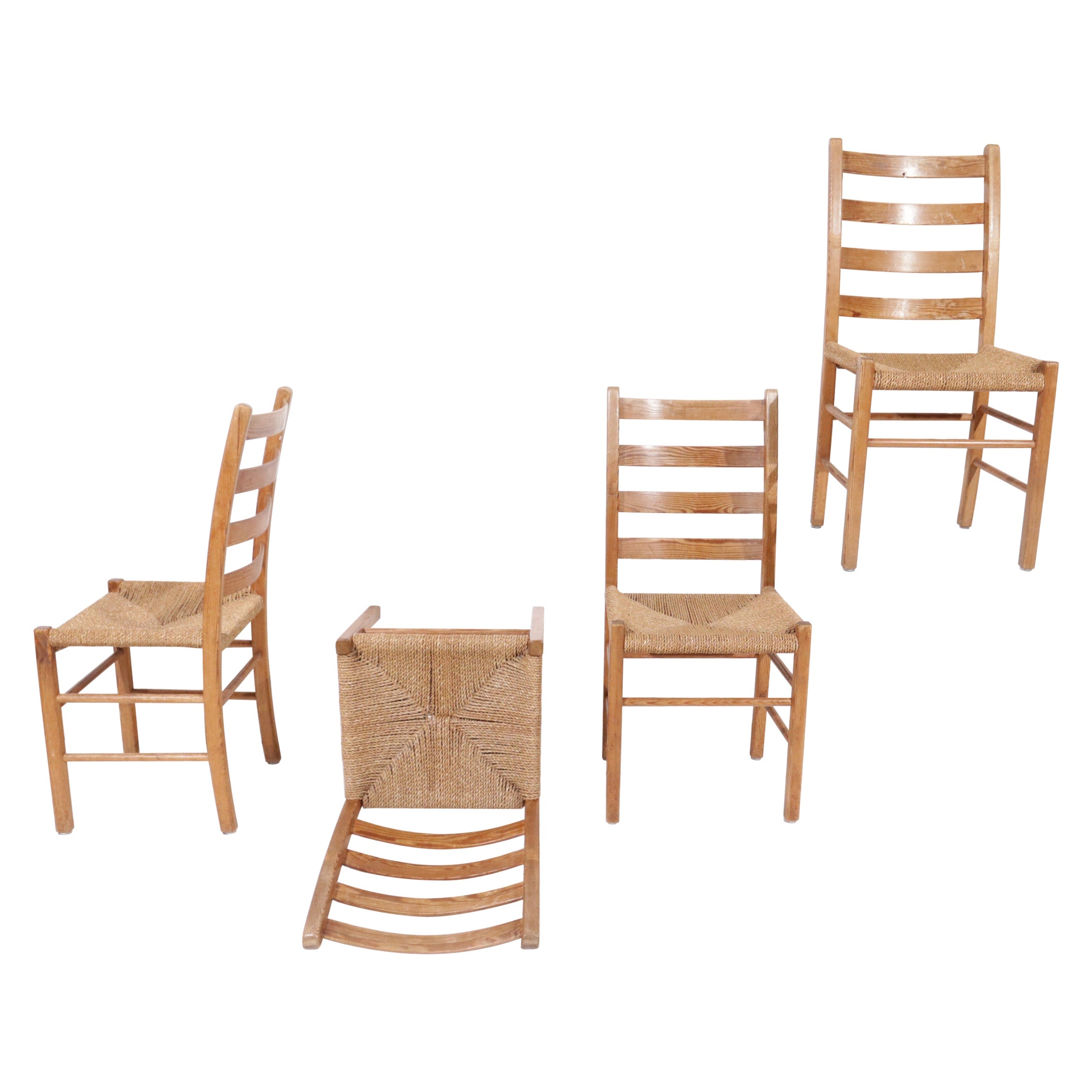 4 Scandinavian Mid century Pine and Seagrass Chairs