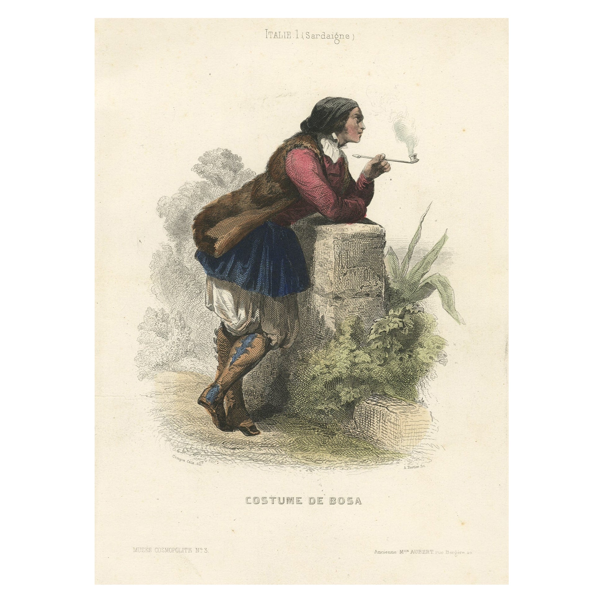 Old Hand-Colored Print Depicting an Italian in a Costume from Bosa, Italy, 1850