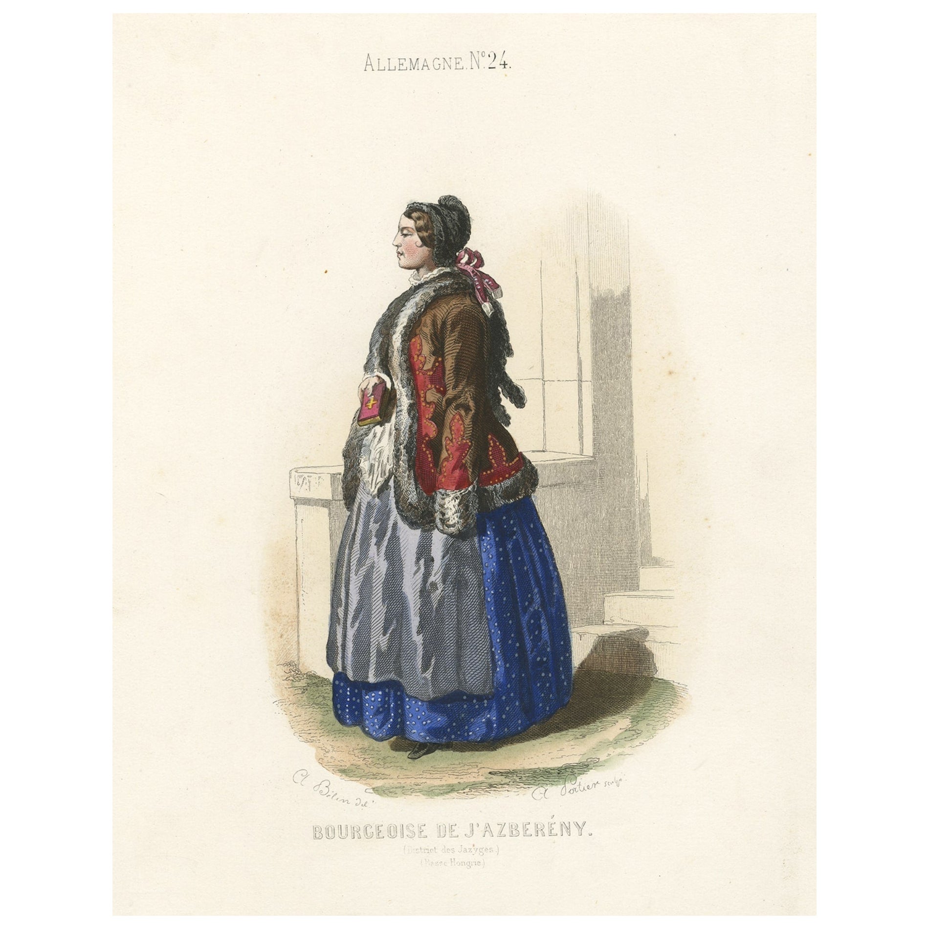 Old Print of a Bourgeoise in Folk Costume from Jászsági, Lower Hungary, 1850 For Sale