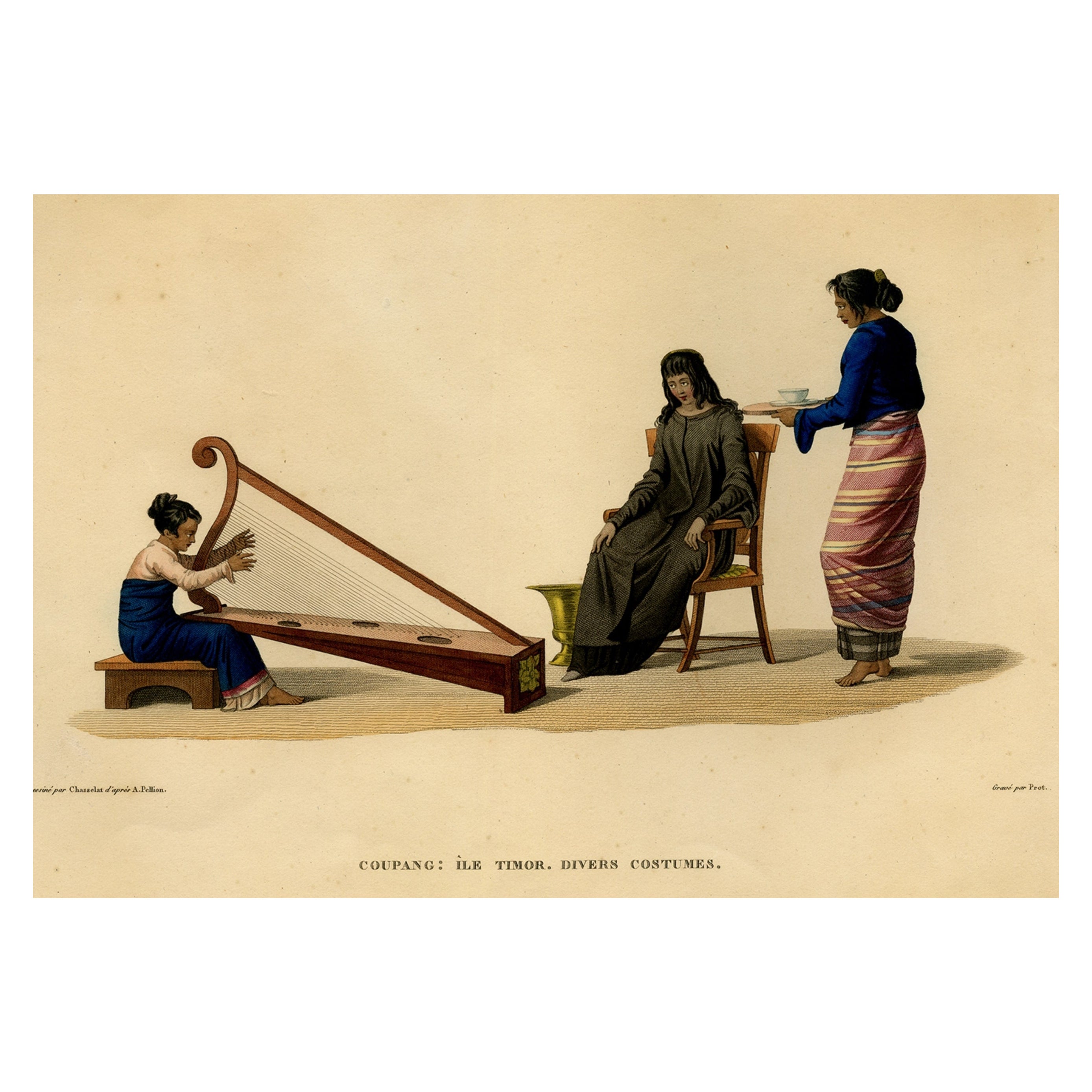 Print of Timorese Ladies Playing Harp & Drinking Tea in Kupang, Indonesia, 1825 For Sale