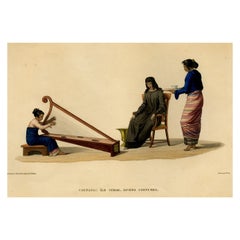 Druck von Timorese-Damen, die Harfe spielen und Tee trinken, in Kupang, Indonesien, 1825