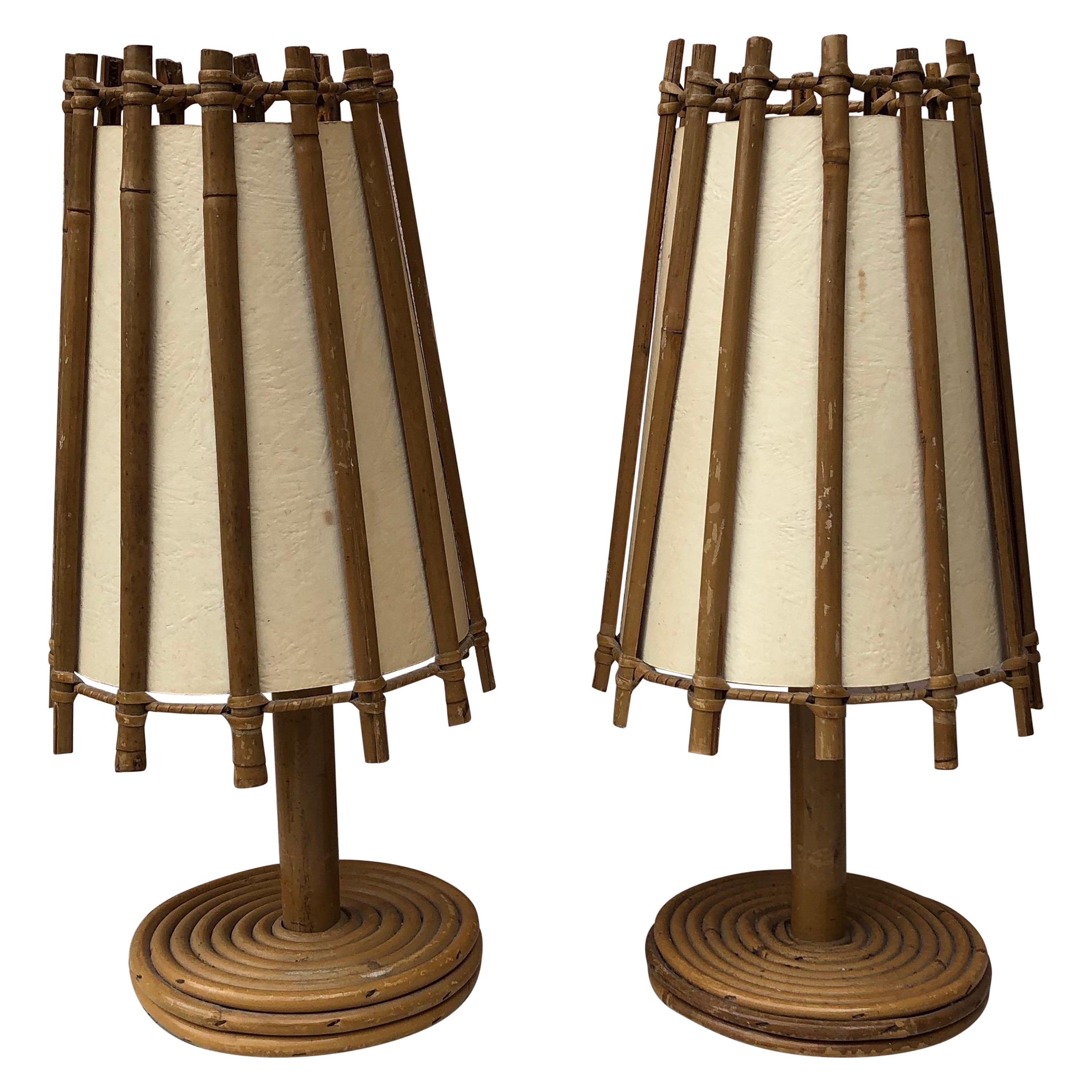 Pair of French Rattan Lamps Louis Sognot, Circa 1950