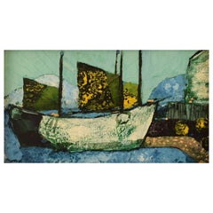 Sven Ahlgren, Sweden, Oil on Board, Modernist Landscape with Boats