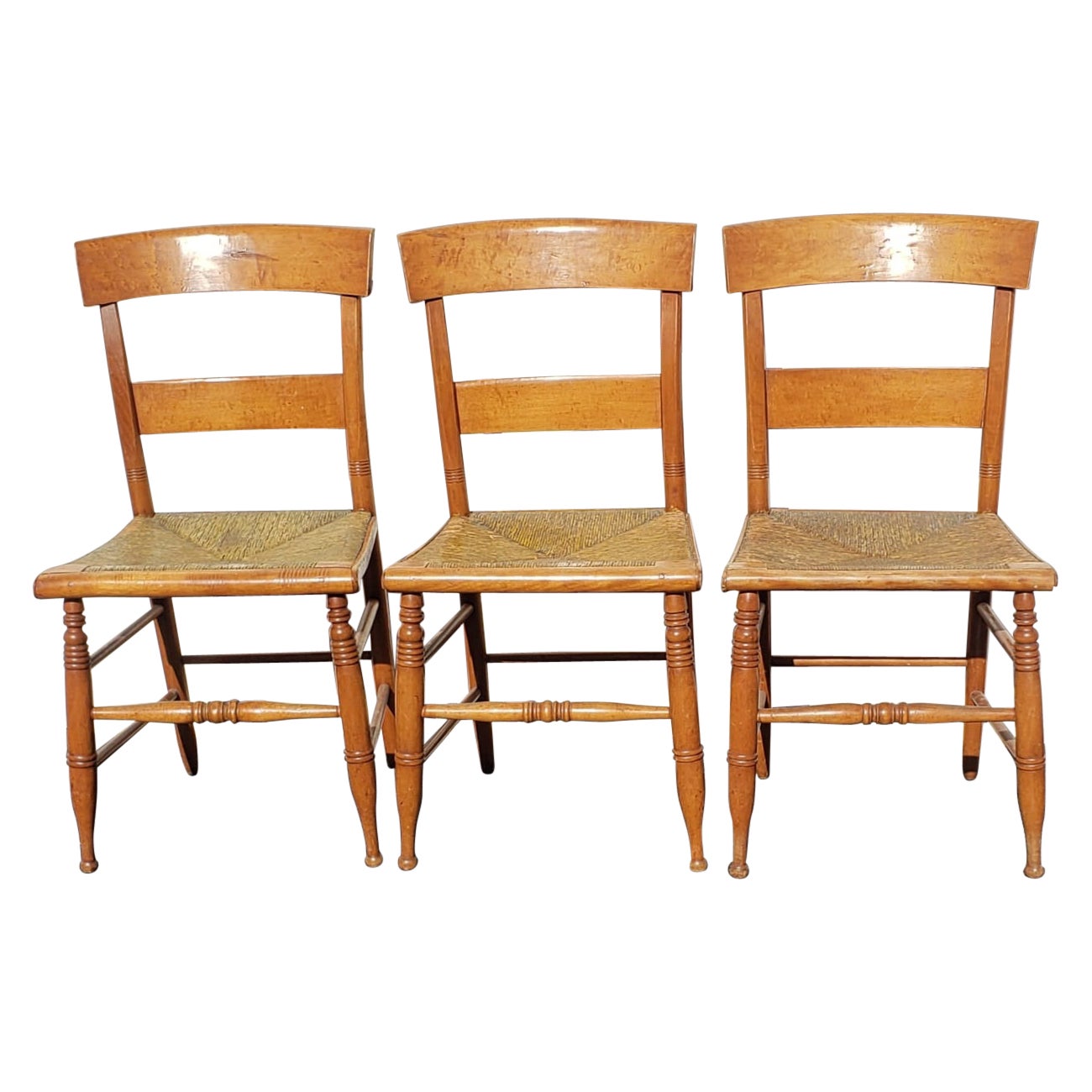 Antique Tiger Maple Bentwood Slat Back with Rush Seat Dining Chairs, circa 1860s