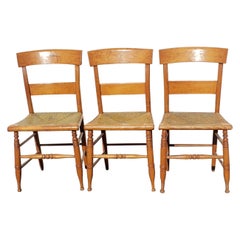 Antique Tiger Maple Bentwood Slat Back with Rush Seat Dining Chairs, circa 1860s