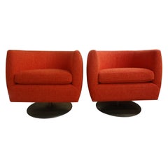 Pair of Mid-Century Milo Baughman Style Barrel Back Swivel Chairs