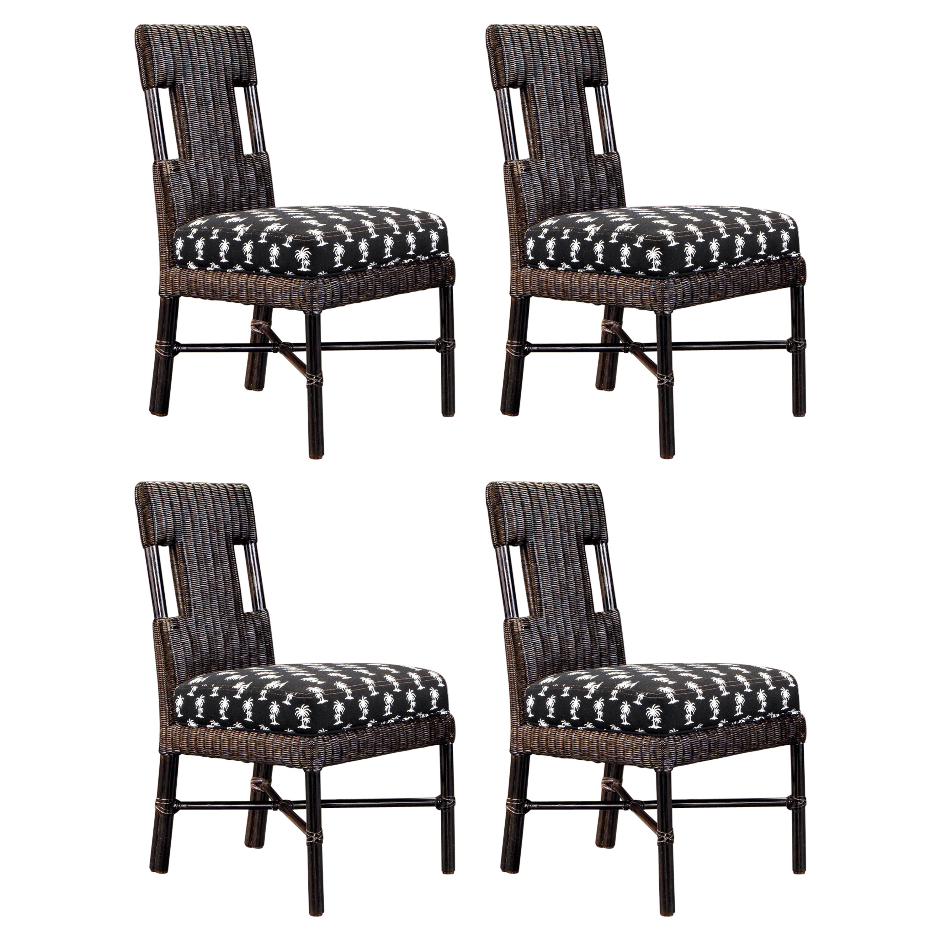 McGuire Rattan and Bamboo Cafe Side Chairs with Palm Tree Print Seats, Signed