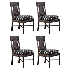 Used McGuire Rattan and Bamboo Cafe Side Chairs with Palm Tree Print Seats, Signed