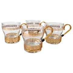 Vintage Greek Key Mugs with Brass Holders, Set of 4