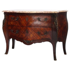 Antique French Louis XV Style Inlaid Satinwood, Kingwood & Marble Commode c1930