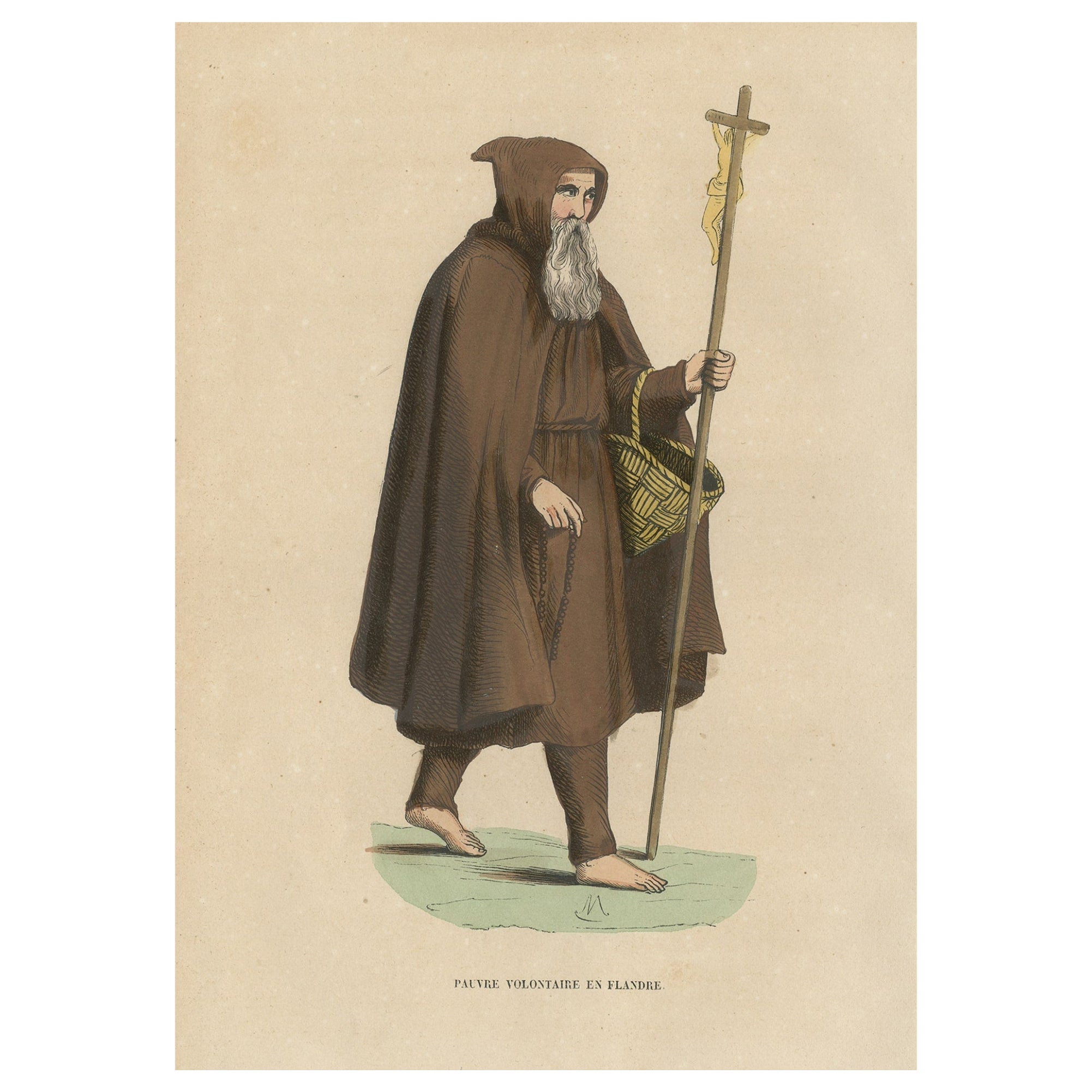 Print of a Monk of the Order of Poor Volunteers with Crucifix, 1845 For Sale