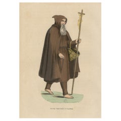 Antique Print of a Monk of the Order of Poor Volunteers with Crucifix, 1845