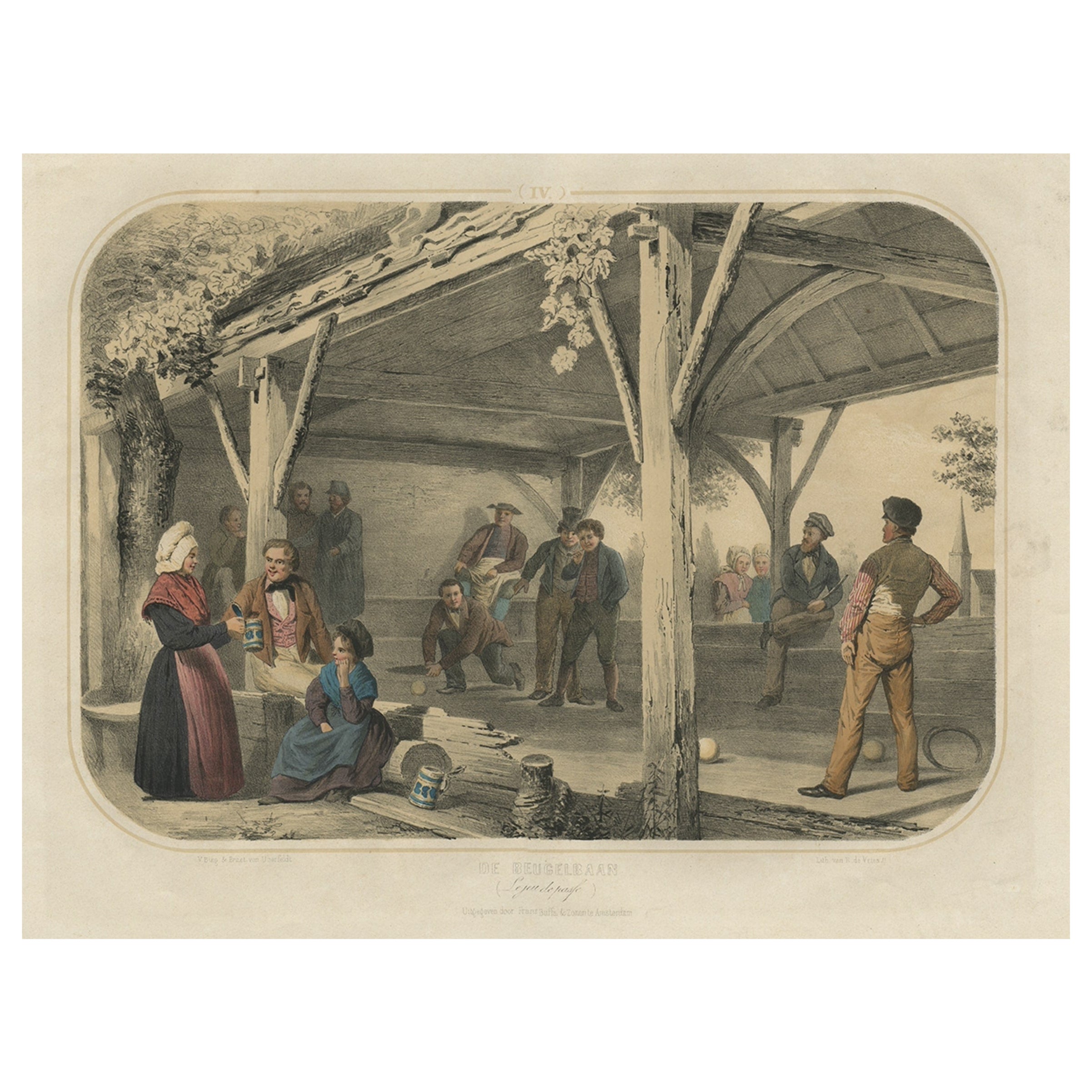 Old Print of 'Beugelen', One of the Oldest Ball Sports in The Netherlands, 1857 For Sale