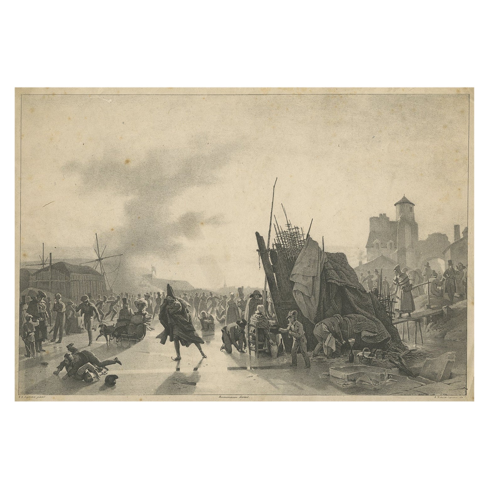 Old Lithograph of an Ice Skating Scene after a Painting by Xavier Leprince, 1823