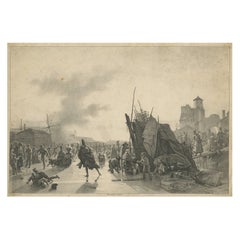 Antique Old Lithograph of an Ice Skating Scene after a Painting by Xavier Leprince, 1823