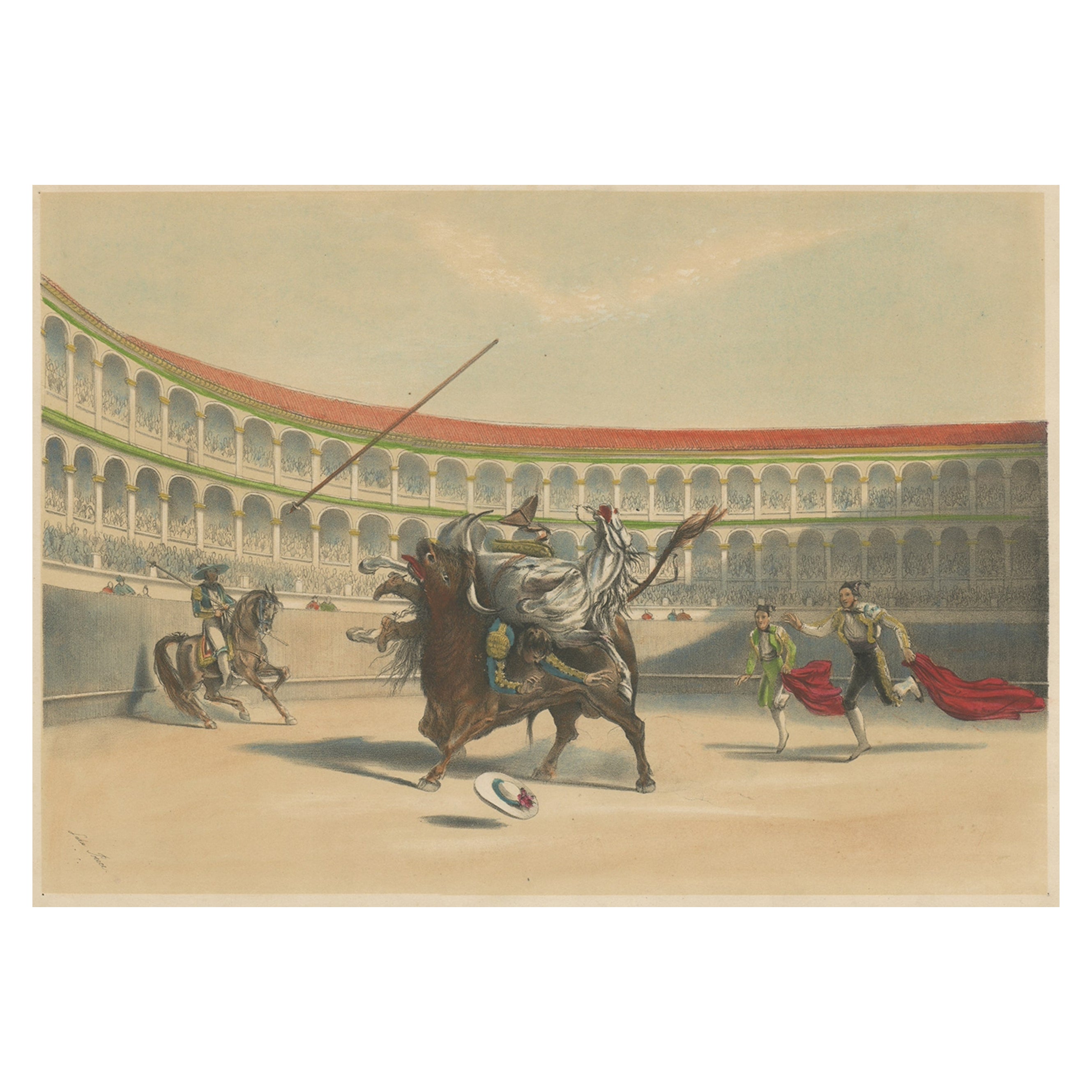 Litografía antigua de una corrida de toros con el toro lanzando al picador y al caballo, 1852