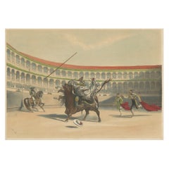 Ancienne lithographie de chasse au taureau avec le taureau caressant le Picador et le cheval, 1852