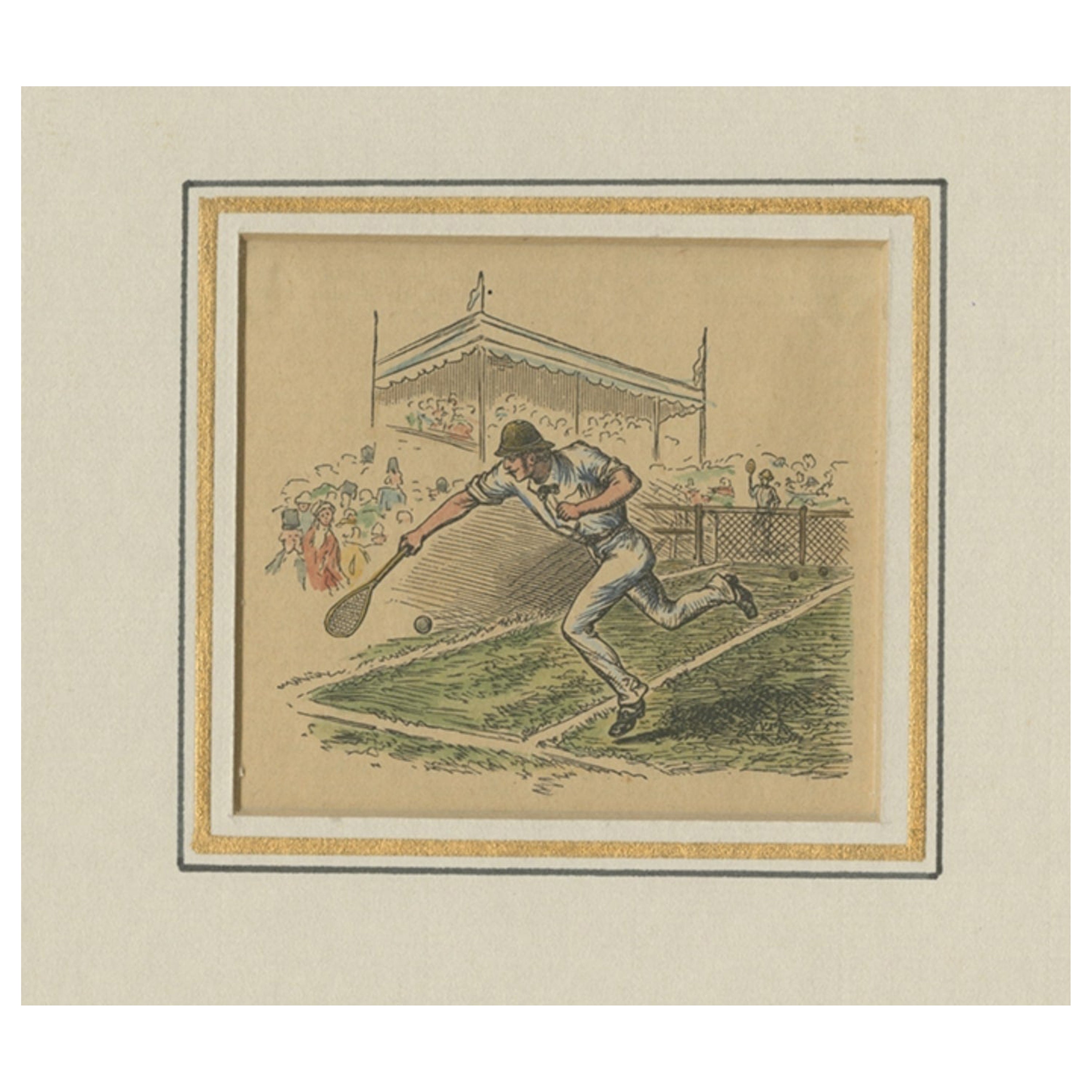 Small Antique Hand-Colored Print of a Man Playing Tennis, c.1890