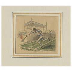 Antiker handkolorierter Druck eines Tennisspielers, um 1890