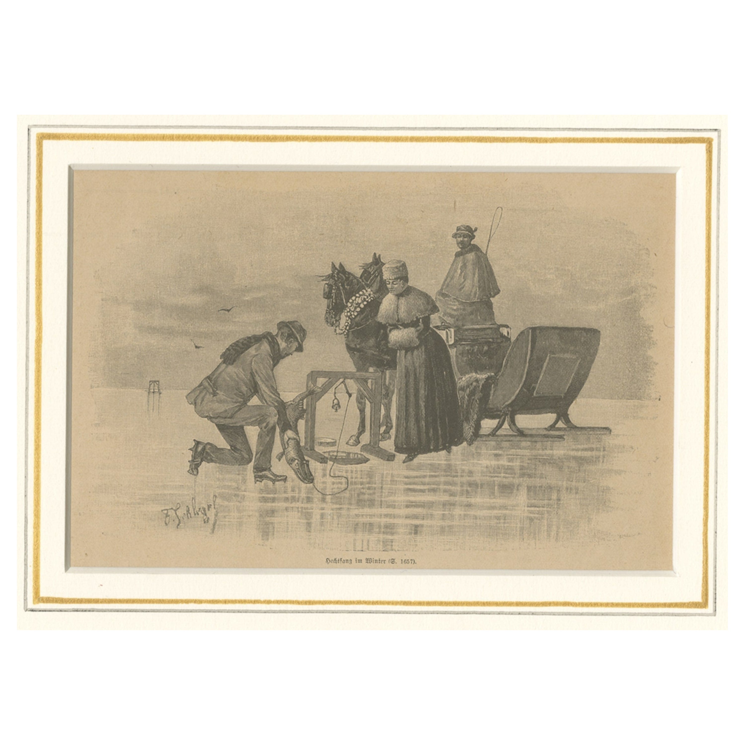 Impression originale et ancienne de la pêche à la glace, publiée vers 1900