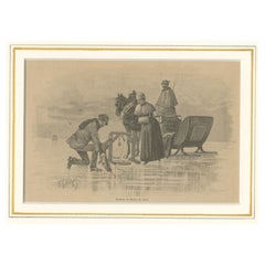 Original Antique Print of Ice Fishing, Published, circa 1900