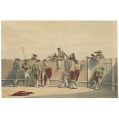 Old Lithograph Showing Bullfighters Standing Along the Wall of a Stadium, c.1852