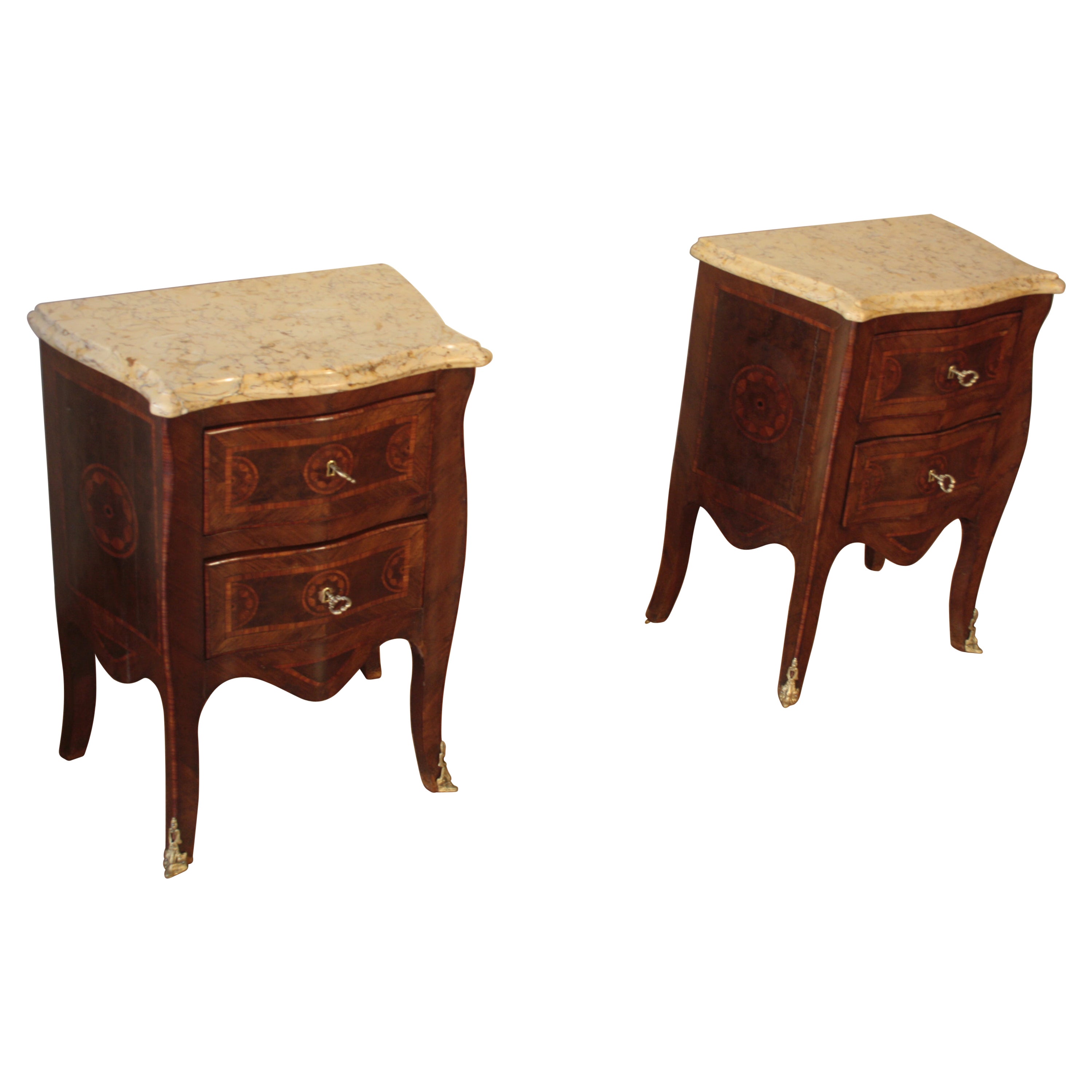Louis XV Style Bedside Tables, 1920s Set of 2 Classical Walnut Oak Various Woods