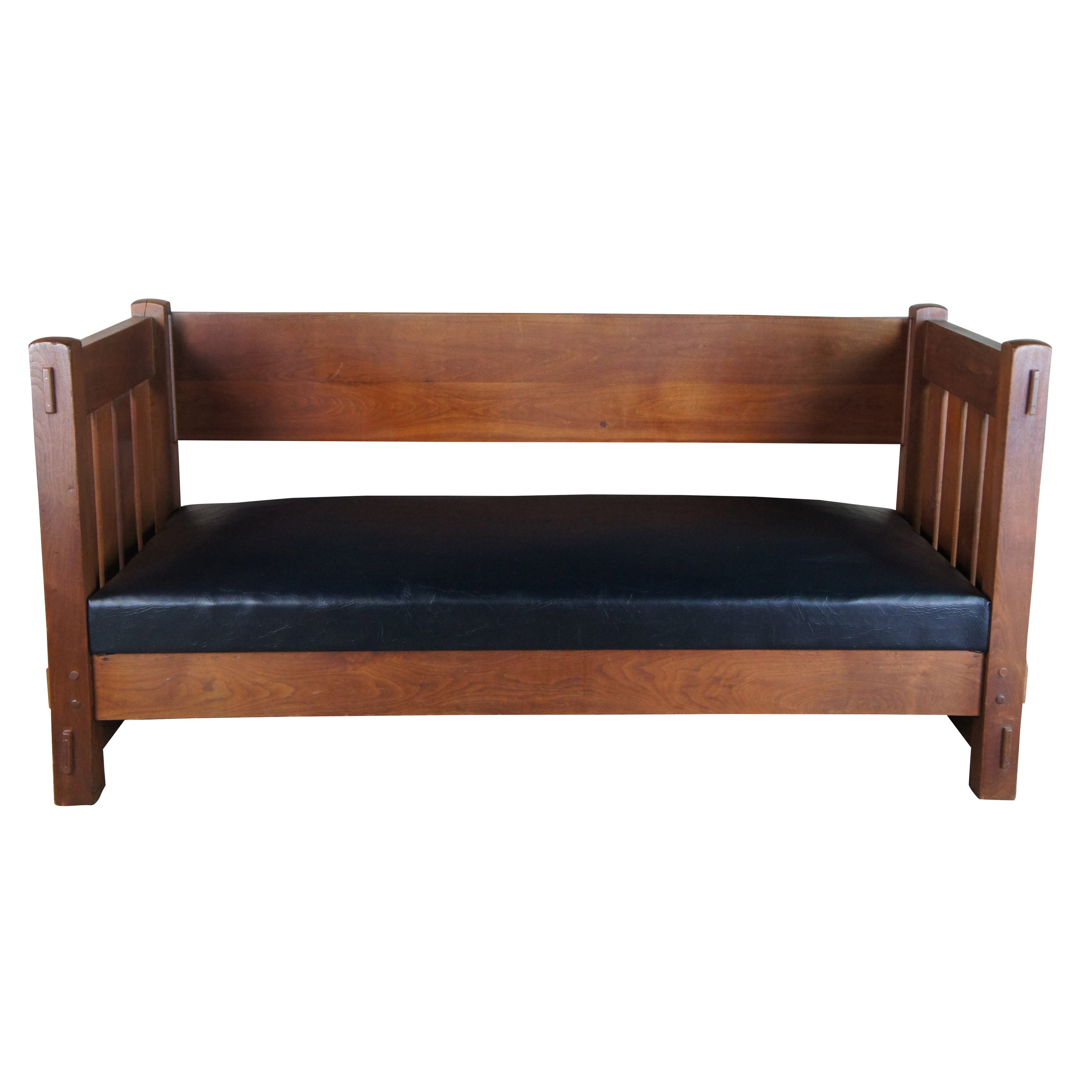 Antique Mission Arts & Crafts Walnut Vinyl Sofa Settee Couch Bench Craftsman