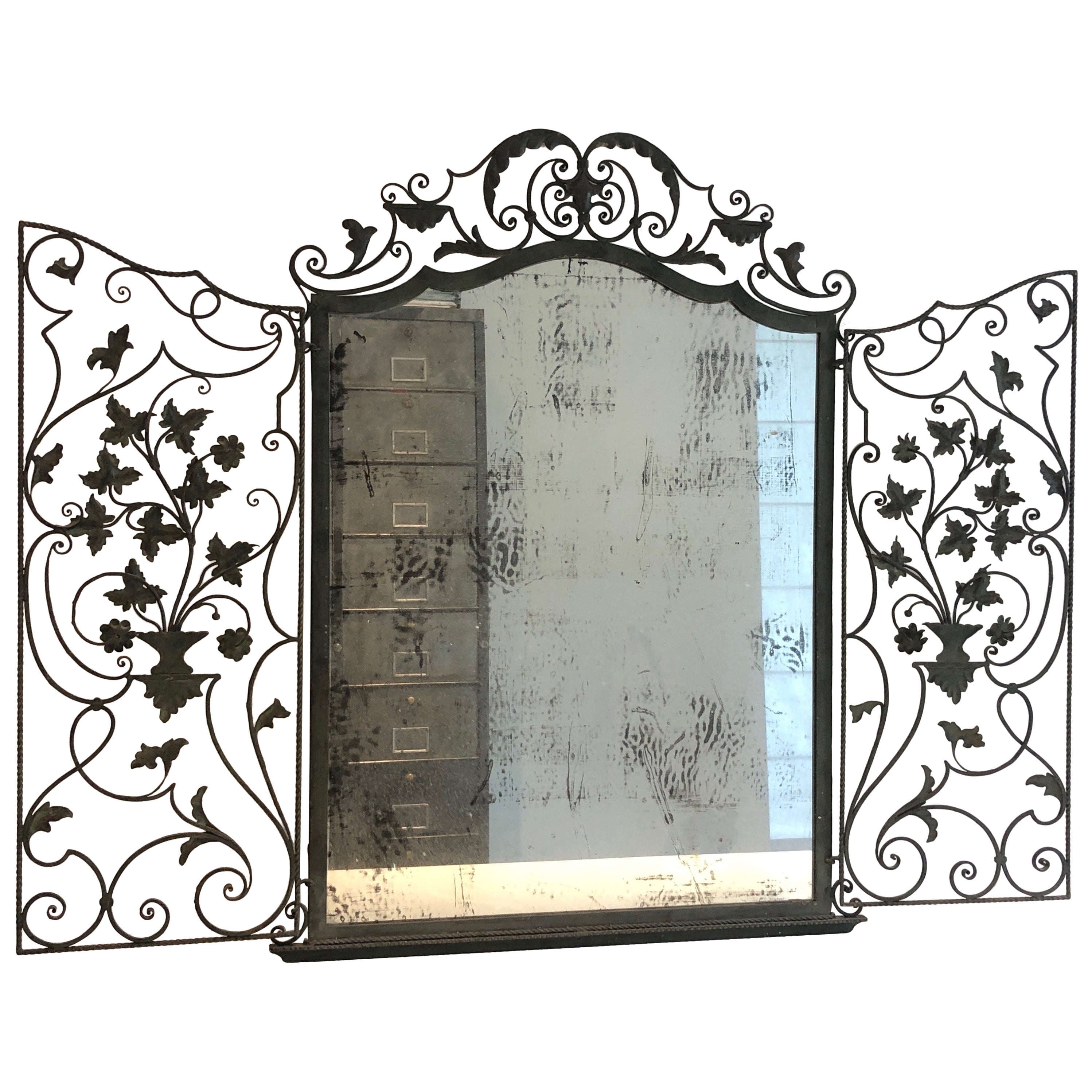 Rare Two Opening Panels Wrought Iron Mirror with Leaves and Scrolls, French